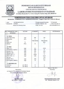 hasil uji air minum hasil penyaringan nazava bekasi kabupaten